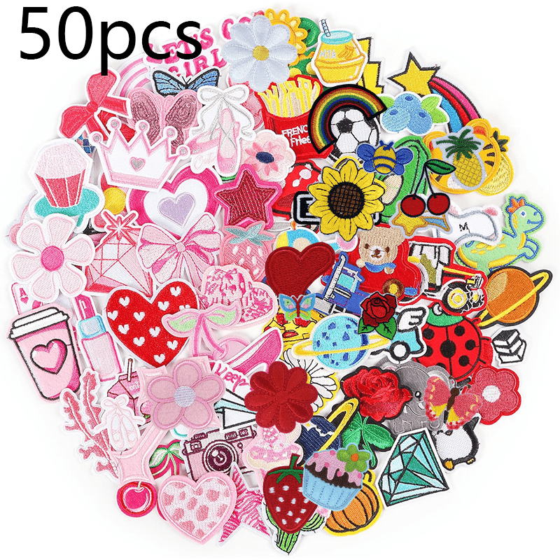 TEMU 50pcs Cartoon Iron On Patches Embroidery Applique Patch Colorful Diy Decorative Heat Press Patches For Clothing Jeans Jackets Backpacks Hats