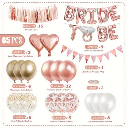 65pcs of decorations for a bachelorette party including bridal shower items balloons pull flags with rose golden sequin confetti balloons and foil letter balloons for wedding decor
