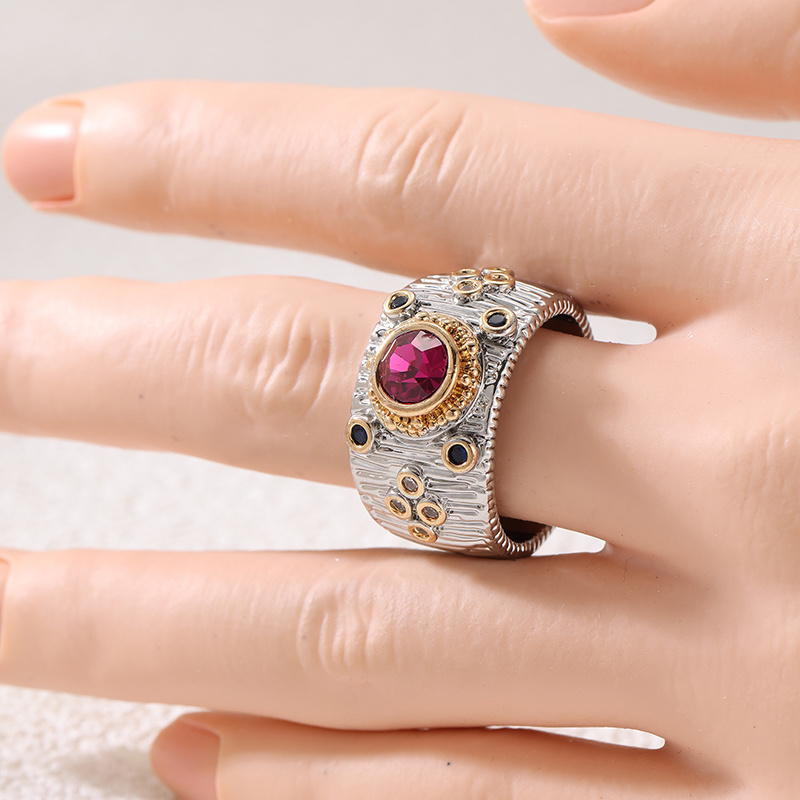 Women's Gothic Bark Texture Ring with Golden Border & Pink CZ