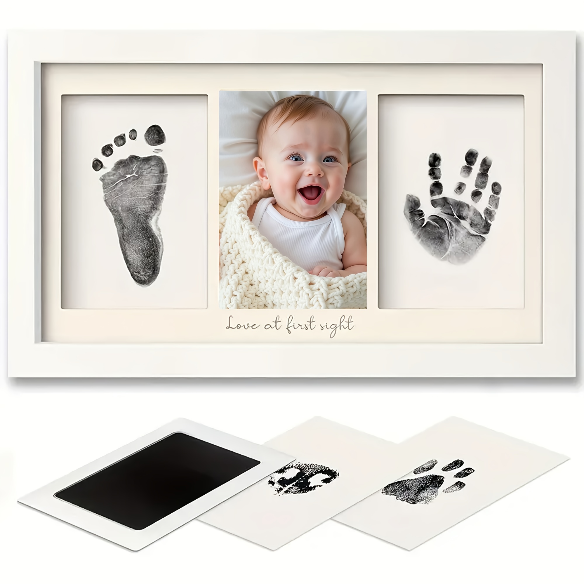 TEMU 8x16in Black And White Wood Grain Triple Photo Frame With Words For Desktop Or Wall Photo Frame Printing Mat Style Hand And Footprint