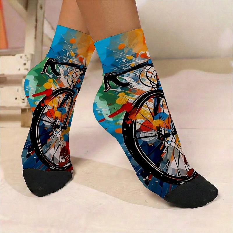TEMU 1pair Women's Slim Thin Socks Colorful Graffiti Bicycle Pattern Dynamic Pattern Versatile Street Suitable For Casual And Formal Attire