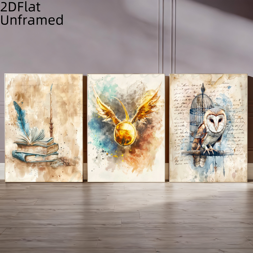 TEMU 2d Flat, 2d Flat, 2d Flat 3pcs Warner Classic Movie Harry Potter Hedwig Posters Hogwarts Wall Art Prints Canvas Painting Wall Decor Bedroom Room
