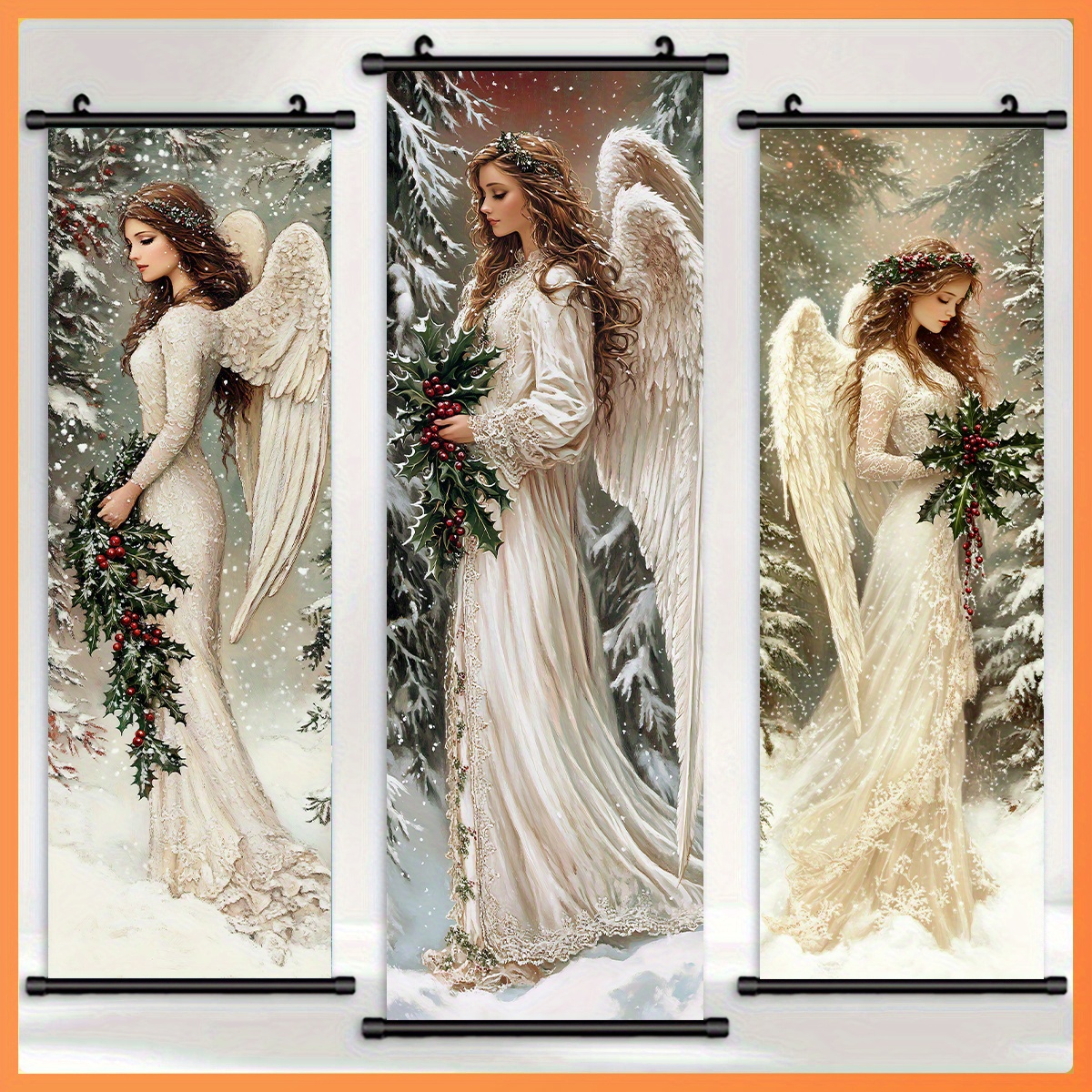 TEMU 2d Flat, 2d Flat, -3pcs Vintage And Tree Canvas Scroll Wall Art - Includes Plastic Scroll Frame, Perfect For A Christmas Atmosphere In For Homes