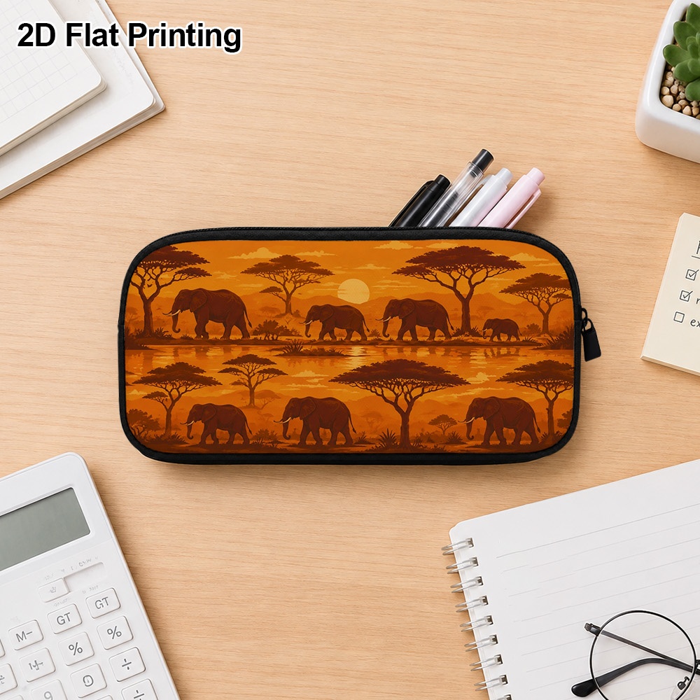 1pc african   sunset elephants pencil case suitable for   travel compact portable zipper organizer with   african themed durable fabric cover smooth zipper closure for 2d flat