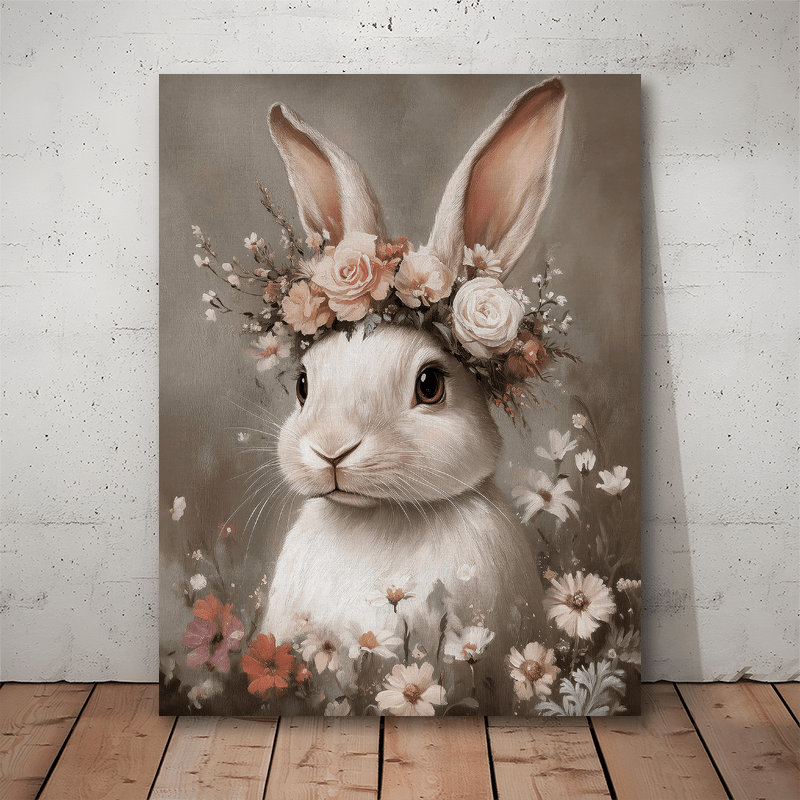 TEMU 1pc Vintage Floral Easter Bunny Canvas Art With Wooden Frame – Rabbit Wall Decor Featuring Pastel Flowers, Ideal For Home, Office, Or Classroom,