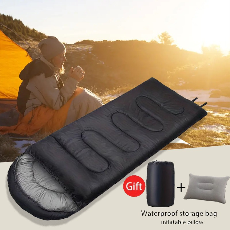 

1set Lightweight Outdoor Sleeping Bag With Inflatable Pillow, Waterproof Polyester Fiber, Zipper, Portable For Backpacking & Hiking, All-, Includes Free Storage Bag, Black