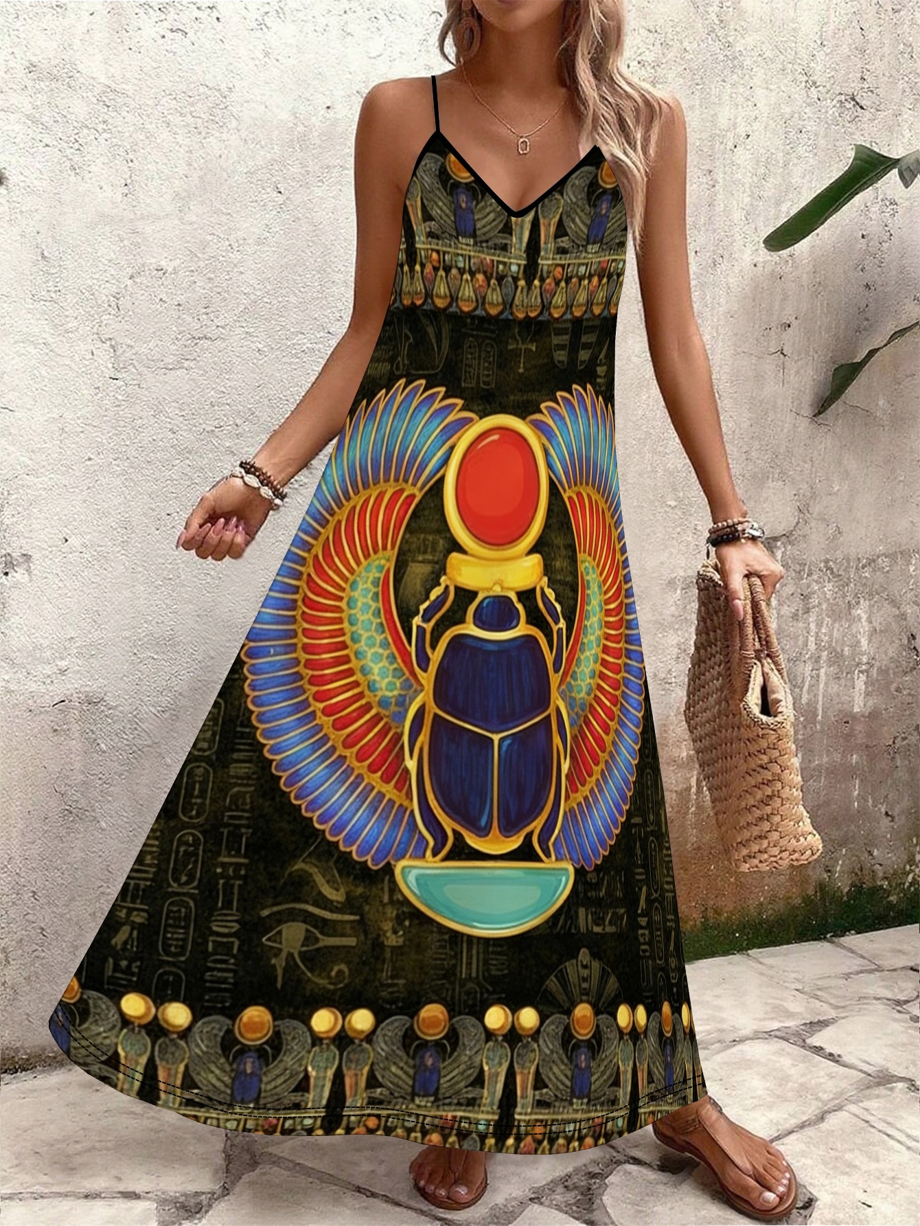 fitted lace wedding dress Vintage Ancient Egyptian Pharaoh Statue Womens Summer Maxi Dress Casual  Spaghetti Strap Sleeveless Sundress S at Amazon Women's Clothing store