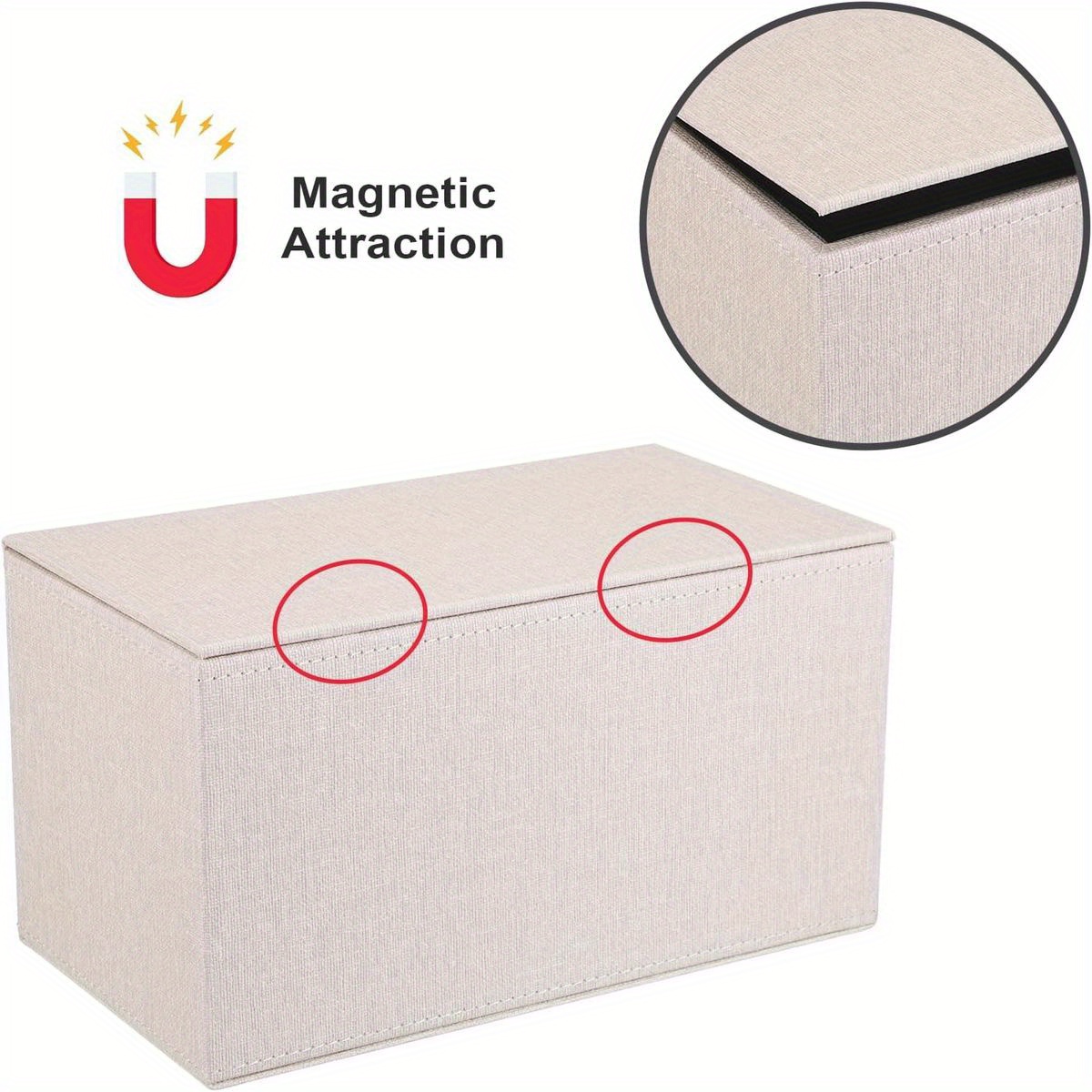   large rectangular tissue box cover with magnetic closure - beige & mdf construction, decorative storage holder with rounded corners & sturdy frame for bathroom, living room, office, car - fits large /kitchen tissues, space-saving design, durable plastic frame & fabric,   decor for table, desk, vanity, dresser, or commercial use - secure magnetic bottom for   Product details 4