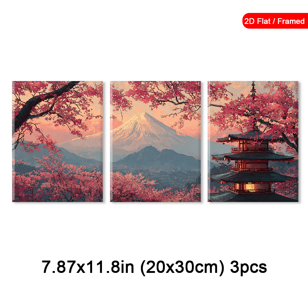 TEMU 2d Flat, 2d Flat, Set Of 3 Framed Canvas Artworks Japanese , Featuring For Wall Decoration, Art Prints, Classic, Contemporary Home Decor,