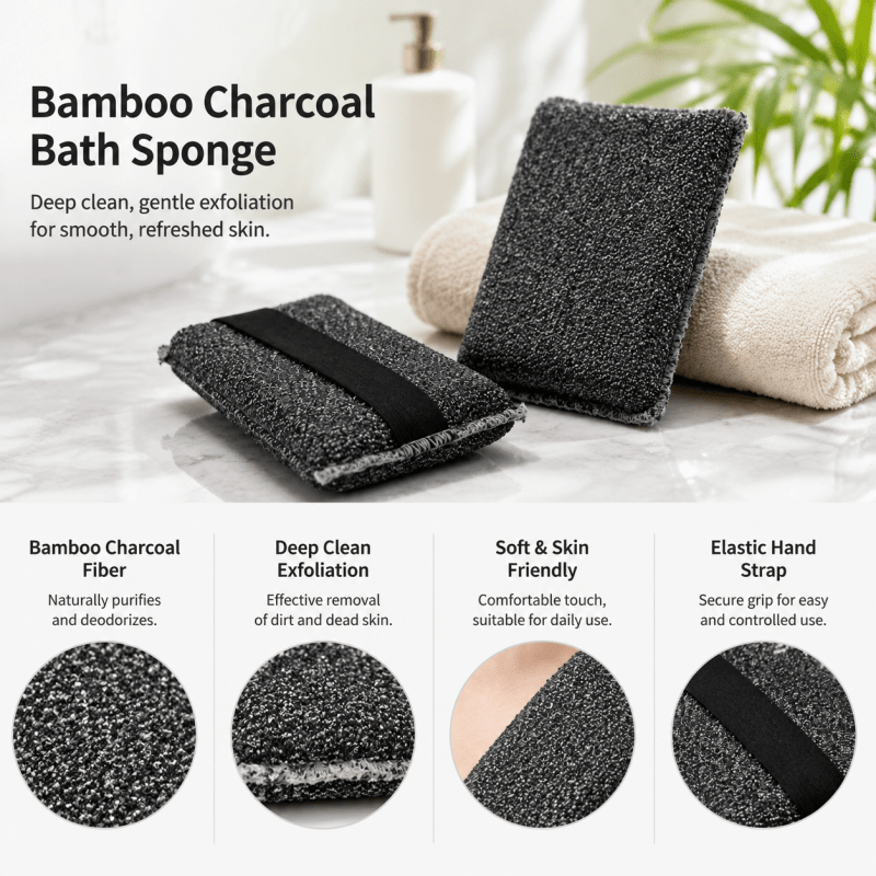 Bamboo Charcoal Bath Sponge, Exfoliating Body Scrub