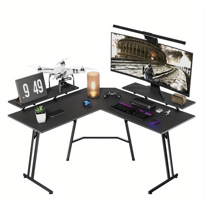 E-shop Spieltisch Ecktisch 120x120cm L-förmiger Tisch mit Monitorständer Computertisch Schreibtisch für Büro, Heimbüro, Schwarz