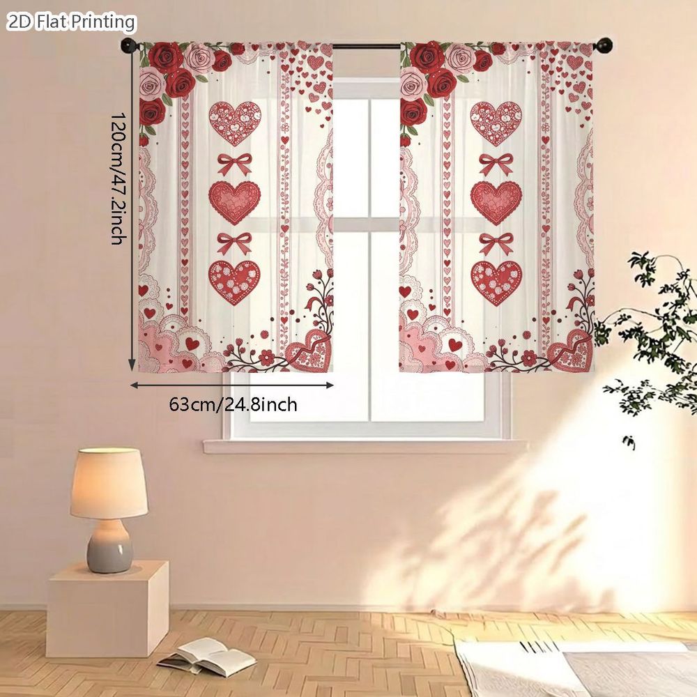 TEMU 2D Plat - 2D Plat - 2D Plat, 2pcs Petites Rideaux Voilages Printemps Été, Romantiques Vintage Cœurs et Floraux Rose Crème avec Bordures en