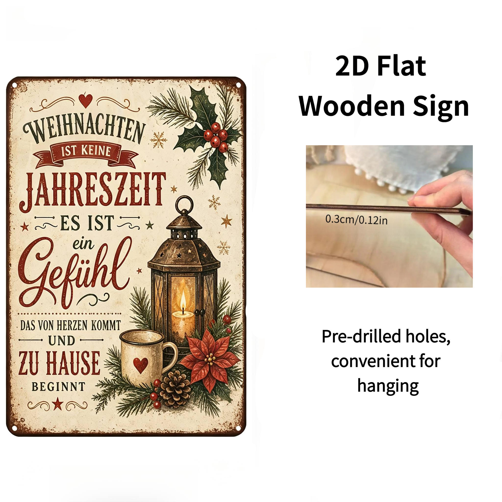 TEMU 2d Flat, 1pc 2dfiat Wooden Sign, Vintage Rustic German-style Christmas Decorative Hanging Plaque With German Text, Featuring Holiday Lanterns,