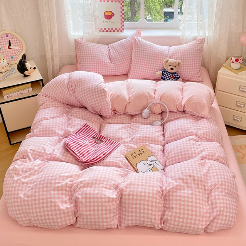 TEMU Ensemble de literie 3 pièces rose à carreaux pour chambre à coucher, comprenant 1 housse de couette + 2 taies d'oreiller, polyester pour ,