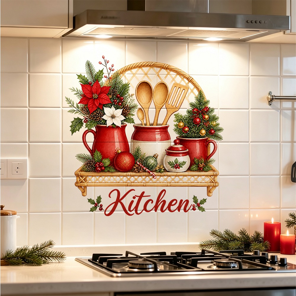 TEMU 1pc Retro Christmas Wall Sticker, Hd Printed Kitchen Teapot, , Woven Shelf Pastoral Kitchen Decor, Waterproof And Oil-resistant Christmas