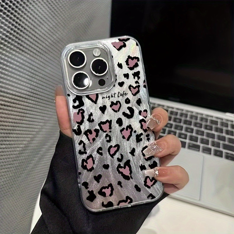 Phone Case: Leopard Heart Case For 11-17 Pro Max, Silver Leopard Print Pattern Shockproof Phone Cover, Anti-fingerprint Stylish Protective Shell, Chic Gift For