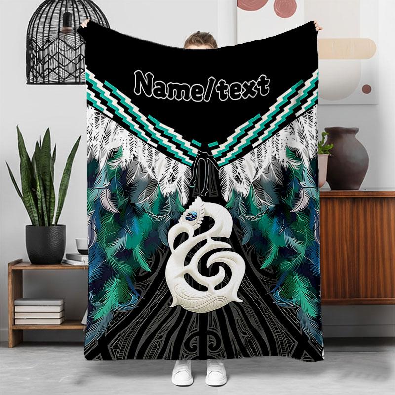 TEMU 1pc Personalized Custom Name/text Maori Totem Feather Pattern Printed Blanket, Suitable For Sofa/bed/travel/camping/living Room/office/chair And