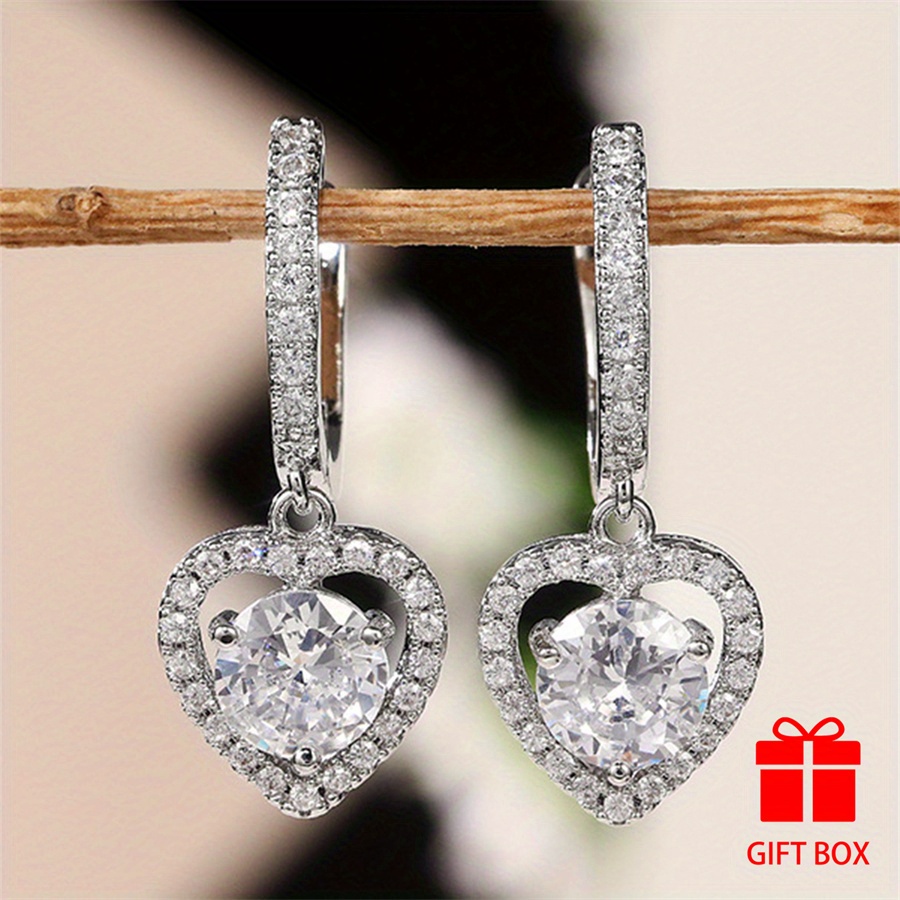 TEMU Heart-shaped Earrings For Of Sparkling Round White Synthetic Zirconia - A Luxurious Accessory For Weddings, Parties, And Everyday Wear - Durable