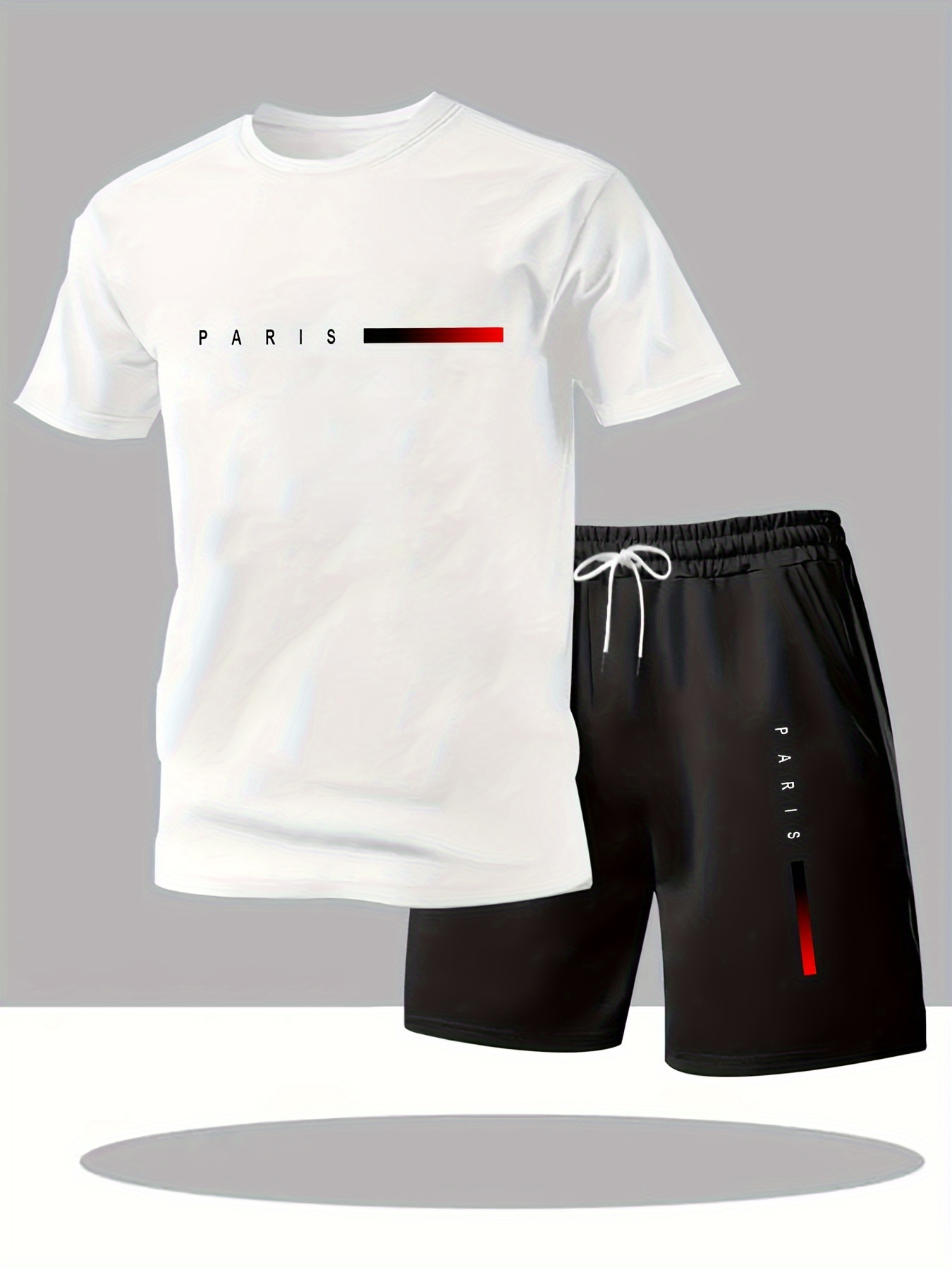 Paris Gradient Letter Print Men's Two-Piece Set: Crew Neck Short Sleeve T-Shirt and Drawstring Shorts Summer Casual Sportswear