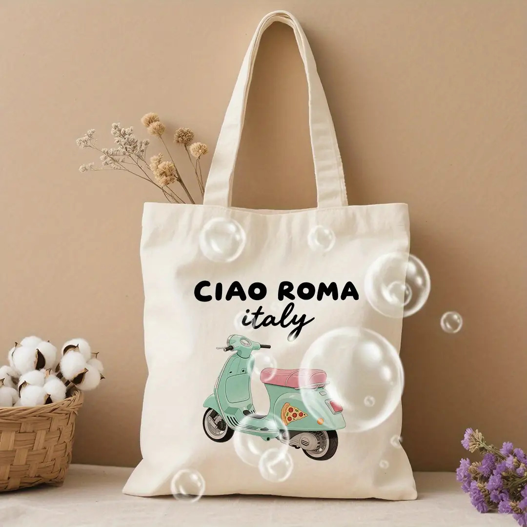 TEMU 1 , con un diseño de impresión . Se de una bolsa tote de lona ROMA Italia con una ilustración vintage de pizza, para ir de compras. Tiene una