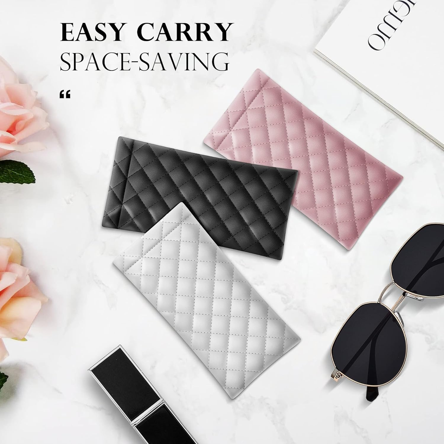Image of Set Of 3 High-quality Faux Leather Stylish Glasses Cases - Lining For Safe Storage, Compact Stitched Design, Fashionable Portable Protection, Mother's Day Gift In White/black/pink