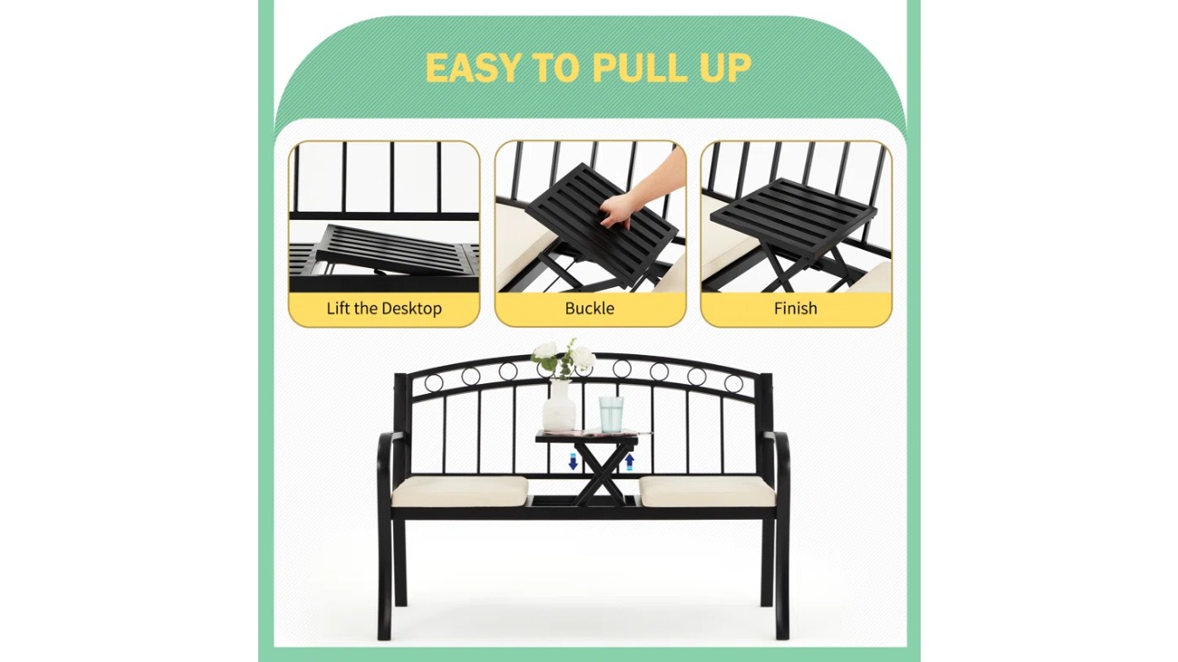 [Outdoor Patio Bench] Outdoor Patio Garden Bench Peacock Feather Backrest, Cast Iron Frame, Comfortable Seat for Yard, Porch, or Park