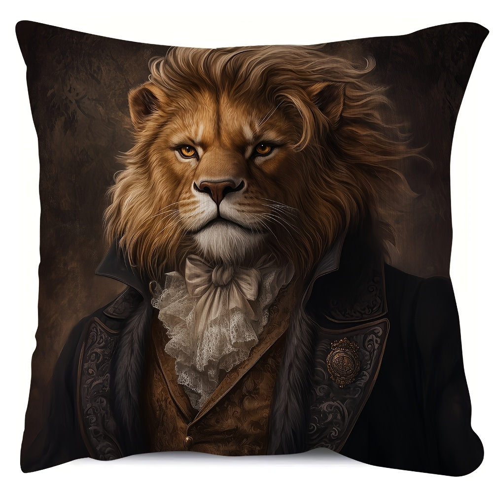 TEMU 1 Retro Style Lion Gentleman Pillowcase, Ultra Soft Short Velvet, Double-sided Printing, Machine Washable, Zipper Closure, Polyester Fiber,