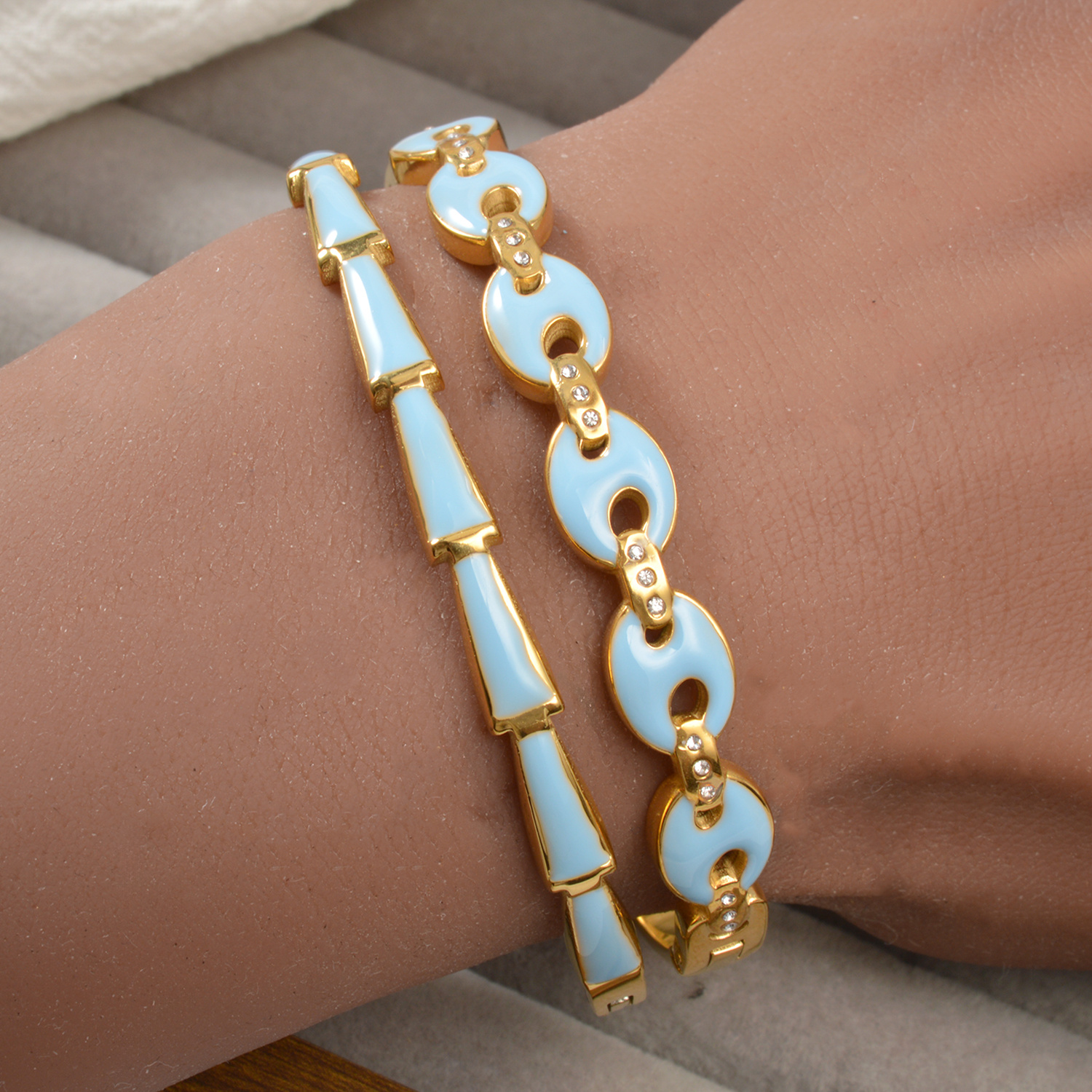 18K Gold Plated Sky Blue Enamel Bangle Bracelet, Stylish Gift
