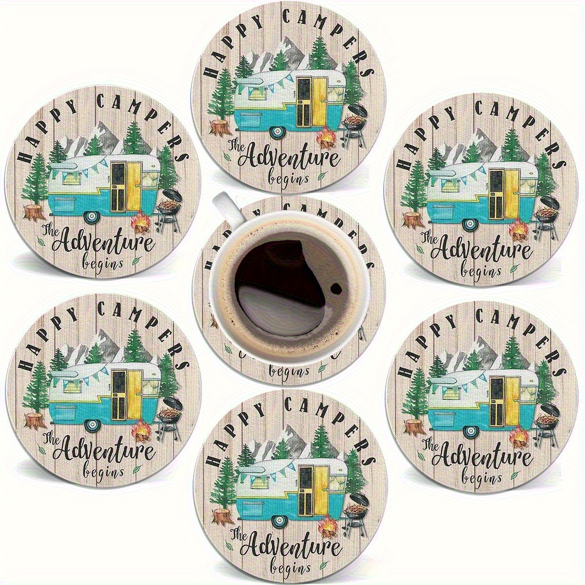TEMU Lot de 6 sous-verres ronds en bois - Protège-tables en bois pour café, vin et bière avec motif rustique sur le thème du camping - Sous-verre à