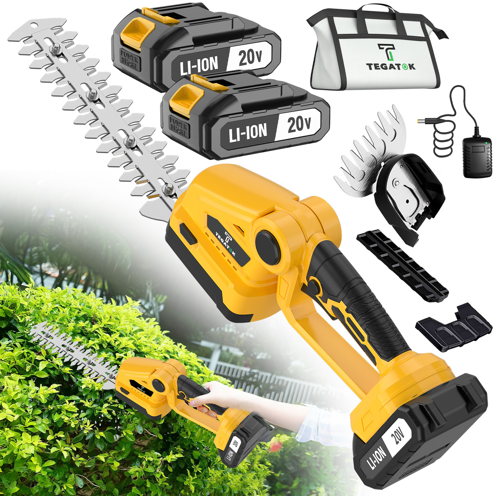 TEMU Taille-haie électrique fil 20V avec 1 ou 2 batteries au lithium, coupe-bordure électrique à double action avec lame tranchante, coupe-haie fil