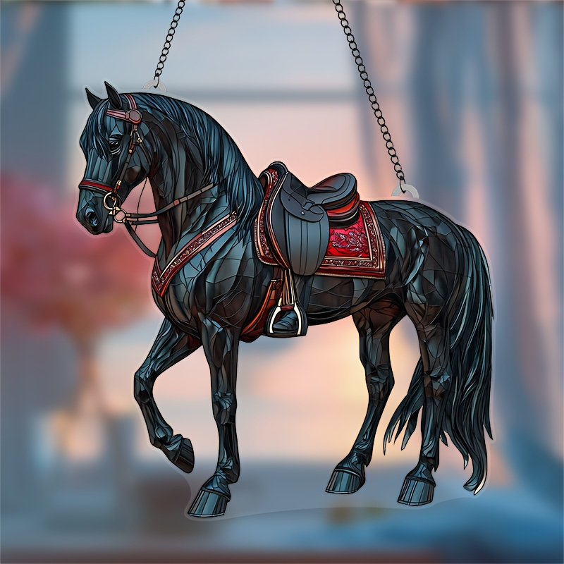 TEMU 2D Plat - Surface Plate Acrylique 2D... 1 Attrape-soleil Cheval Noir, Équipé d'une Selle Rouge - Décoration Acrilique Thème Animal de 8 pouces,