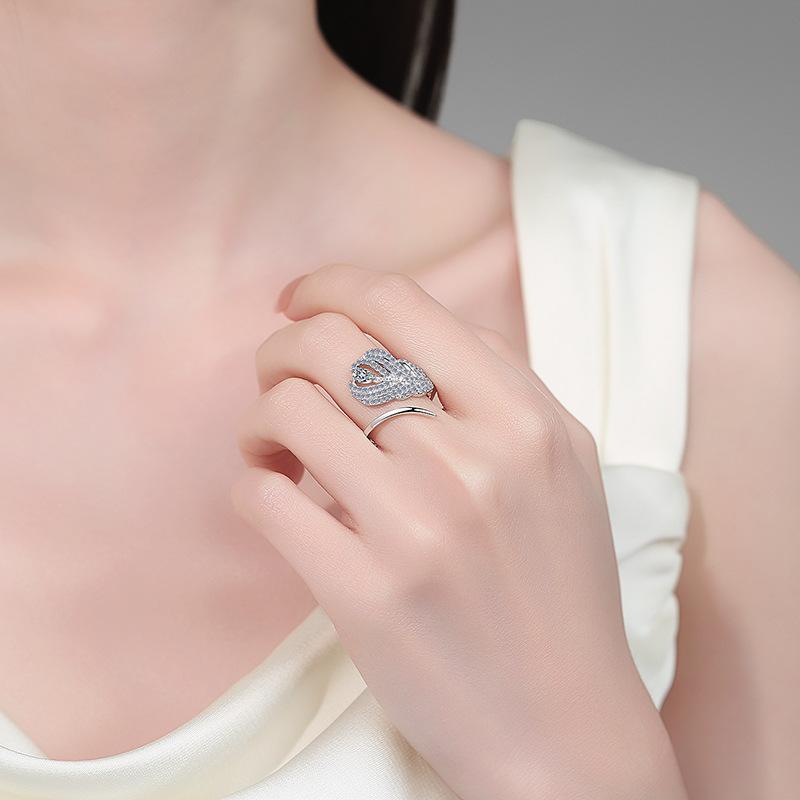S925 Moissanite Plantain Leaf Feather Open Ring, Casual Wear