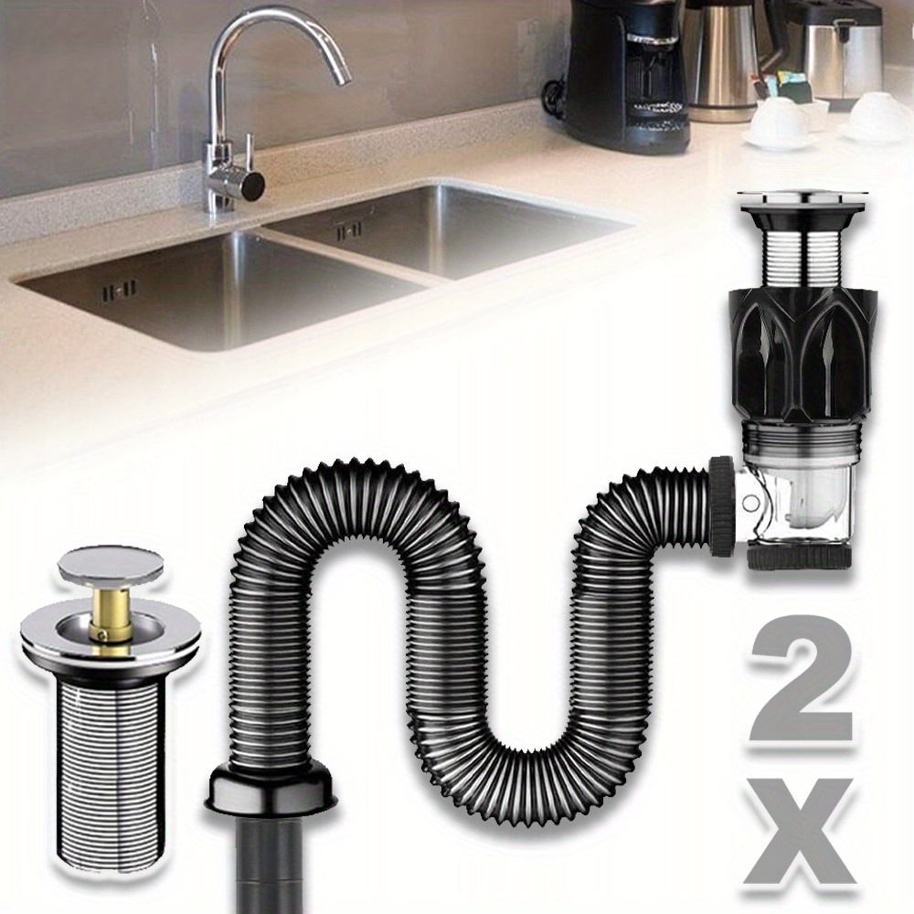 2 Pack Sink Drain Pipe Kit With Flexible Drain Hose & Pop-up Plug - Leak-proof Sink Drain System Suitable /bath Sinks, , Flexible Hose & Filter Plug For Diy Drainage Solutions
