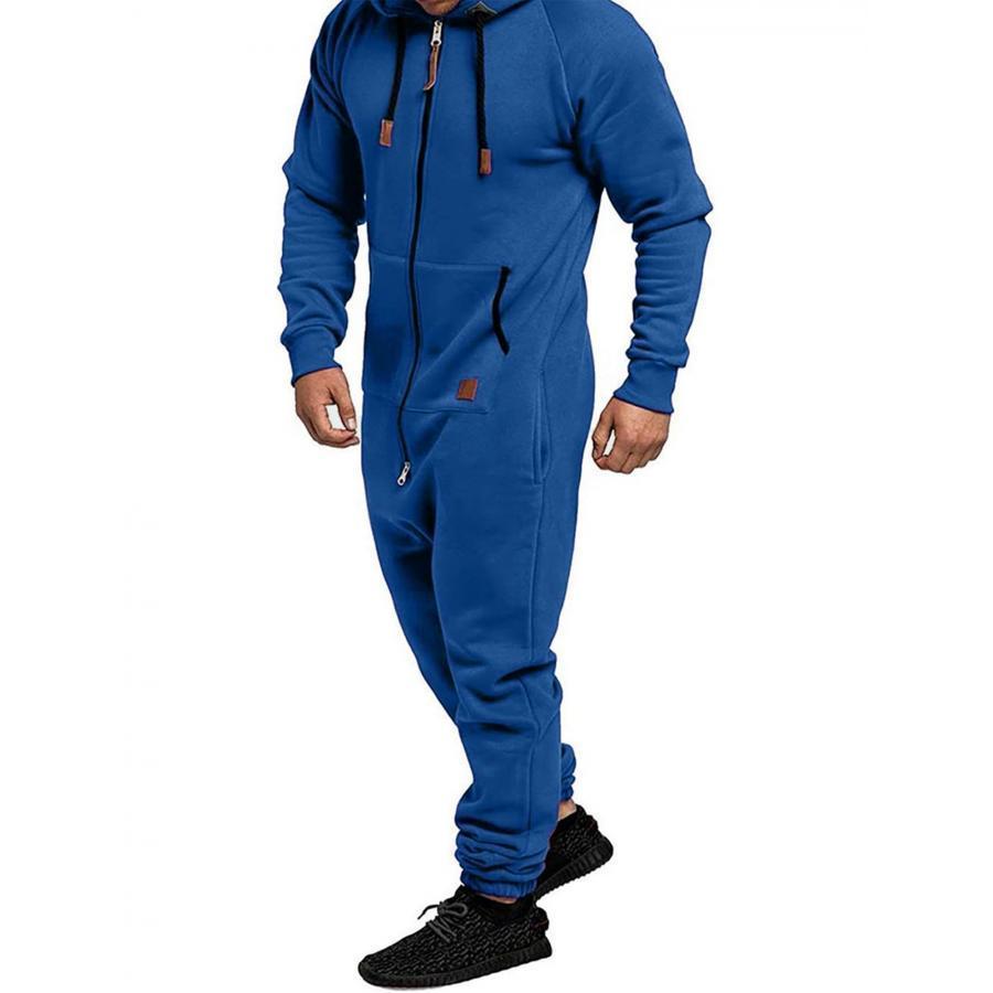 

Men's Warm Blue Hooded Jumpsuit With Pockets - Long Sleeve, Full Zip, Drawstring Overalls | 100% Polyester, Machine Washable For Winter Sports & Casual Wear