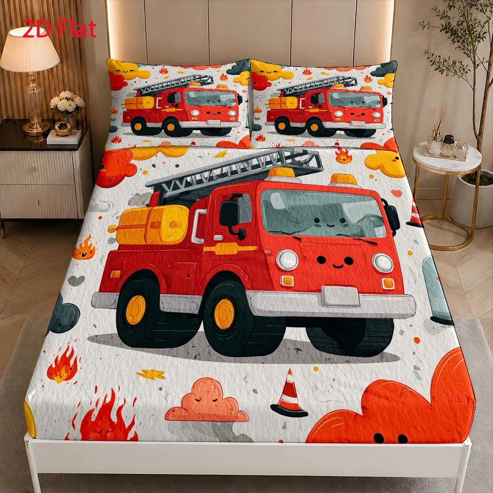 TEMU 3pcs Mattress Protector Set, 1 Fitted Sheet   2 Pillowcases, No Filling, 2d Flat Printing, Cartoon Fire Truck, Hand-drawn Style, Fire Safety