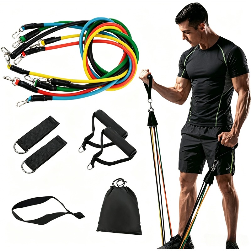 TEMU 11pcs Set, Includes 5 Stackable Exercise Resistance Bands With Door Anchor, 2 Foam Handles, 2 Metal Foot Loops, And A Storage Bag—suitable For