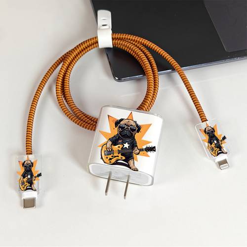 5pcs rock pug with guitar pattern charger cable protector clear case and brown spiral rope fits for iphone 17 16 15 14 13 12 11 for 20w 18w charger trend additions