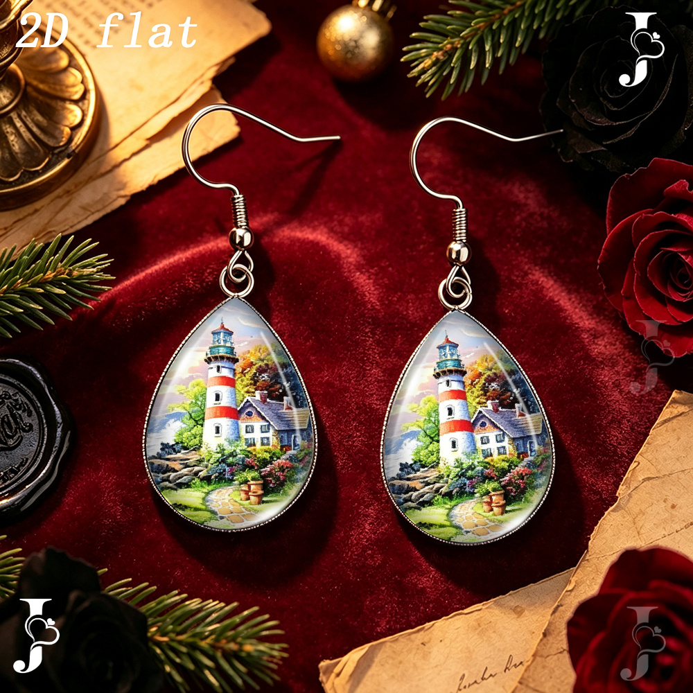 Teardrop Dangle Earrings with Coastal Lighthouse Pattern