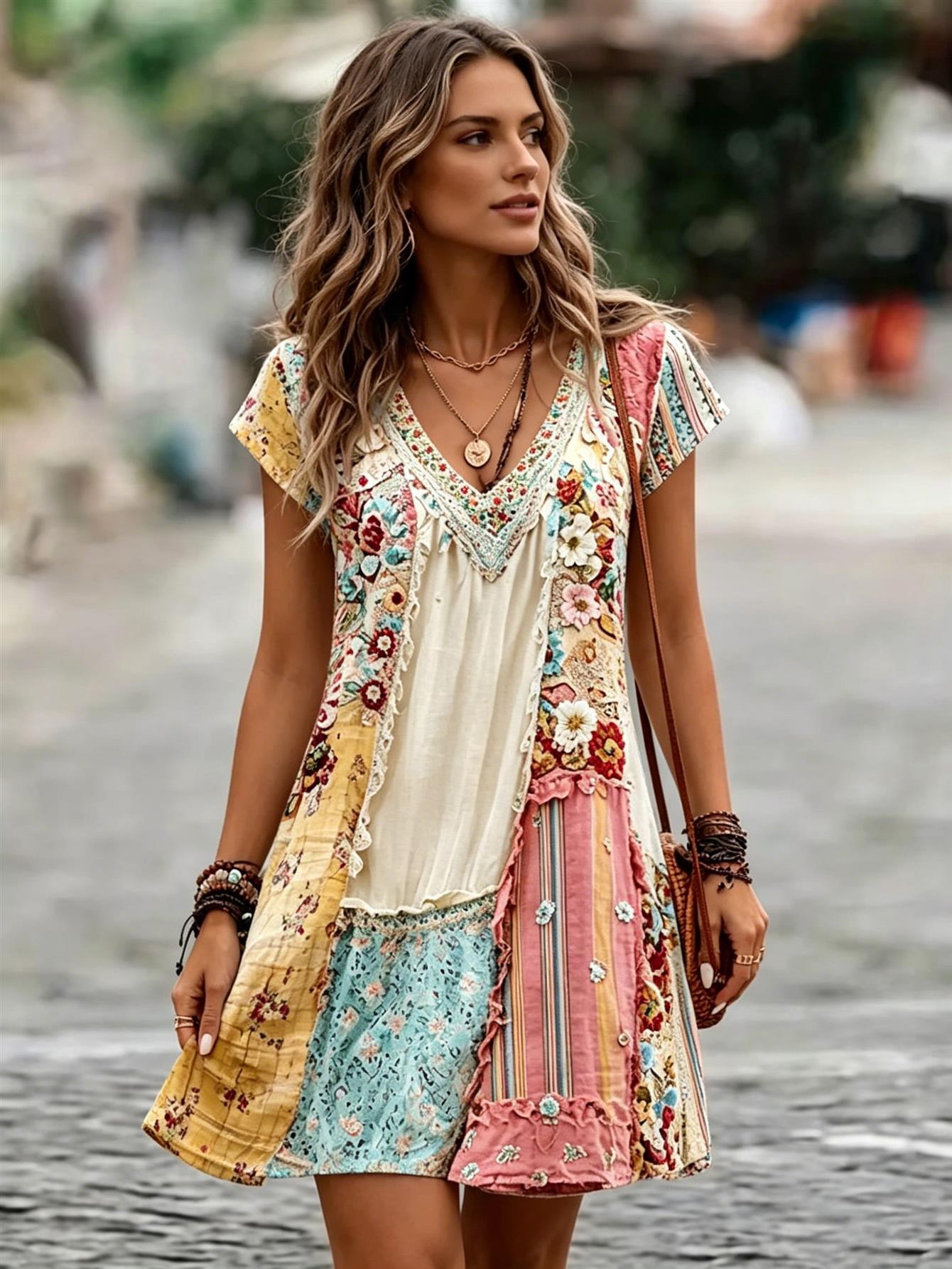 blue dress brown dress 100% Cotton Camel Brown Floral Mini Dress - All Dresses