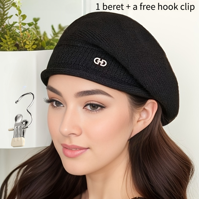 TEMU 2pcs = (1 Beret + Free Hook Clip), Winter Creative Upgraded Thickened Lightweight Hat - , Soft And Warm Autumn/winter Black Versatile Accessory,