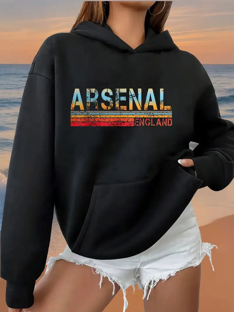 Black Women's Casual Hooded Sweatshirt with Arsenal England Graphic Print