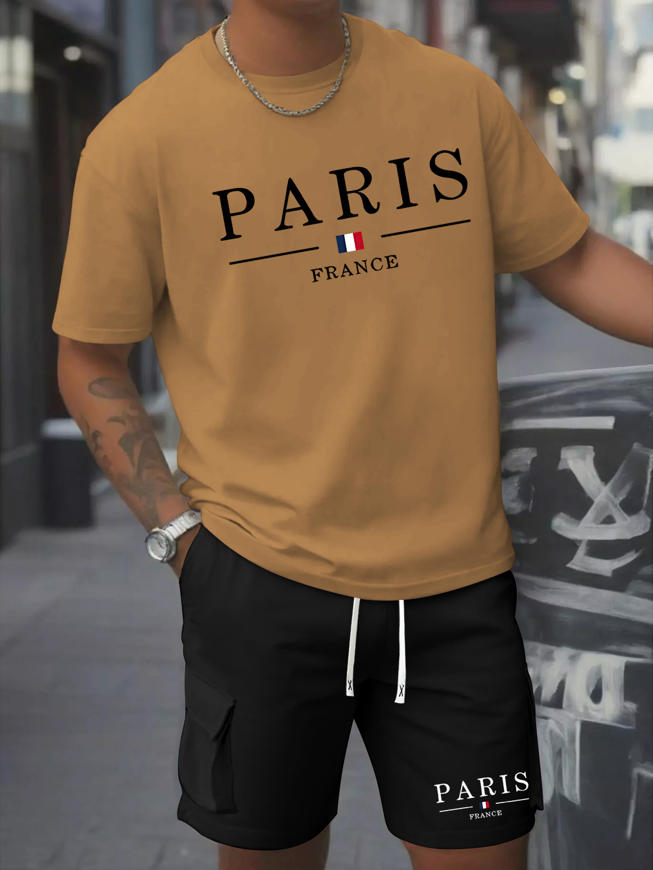 Printed Men's 2pcs Set Round Neck Cotton Short Sleeve T-Shirt and Work Shorts Suit for Spring/Summer