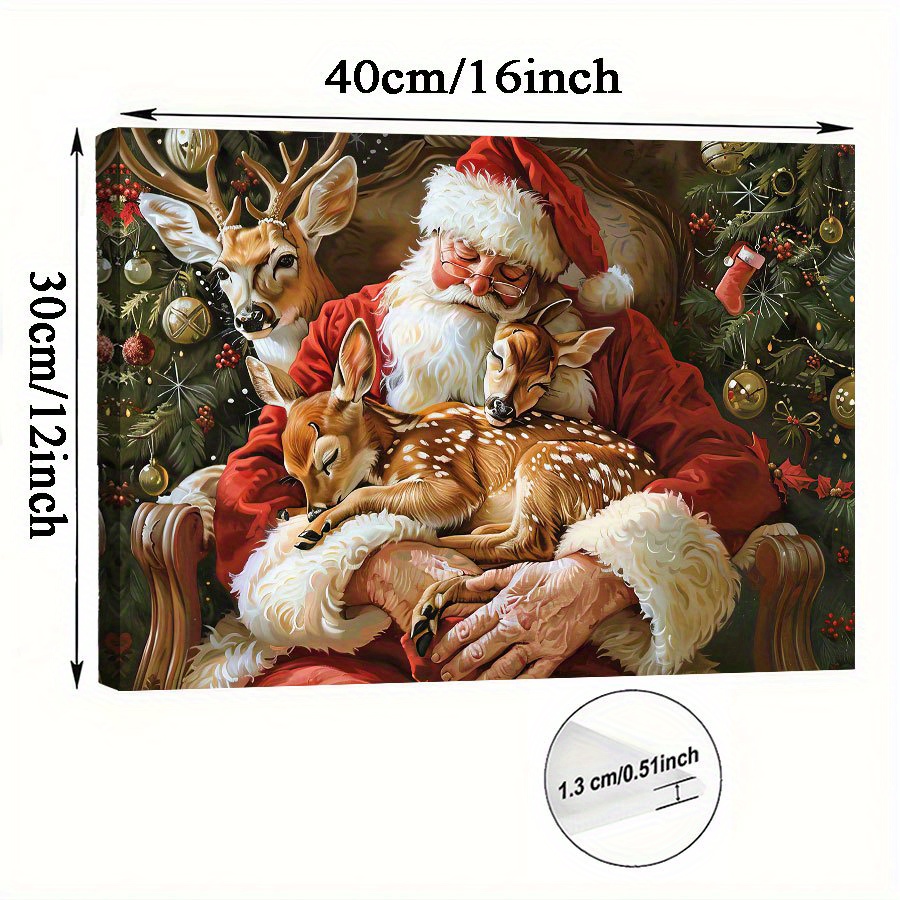 TEMU 2d Flat, 1pc Vintage Santa Claus With Deer Frameless Canvas Wall Art - Christmas Holiday Decor, Room Decorations, Vibrant Colors, Easy To Hang,