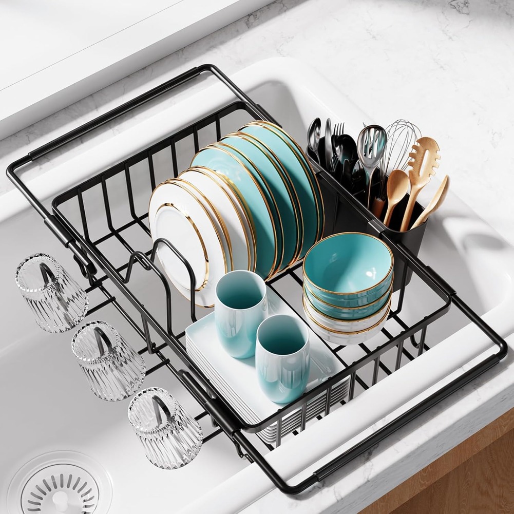 TEMU Expandable Stainless Steel Dish Drying Rack Over The Sink | Kitchen Sink Drain Strainer With Cutlery Holder & Cup Holders, 15.4 X 9.8 X 3.0 Inch, Black