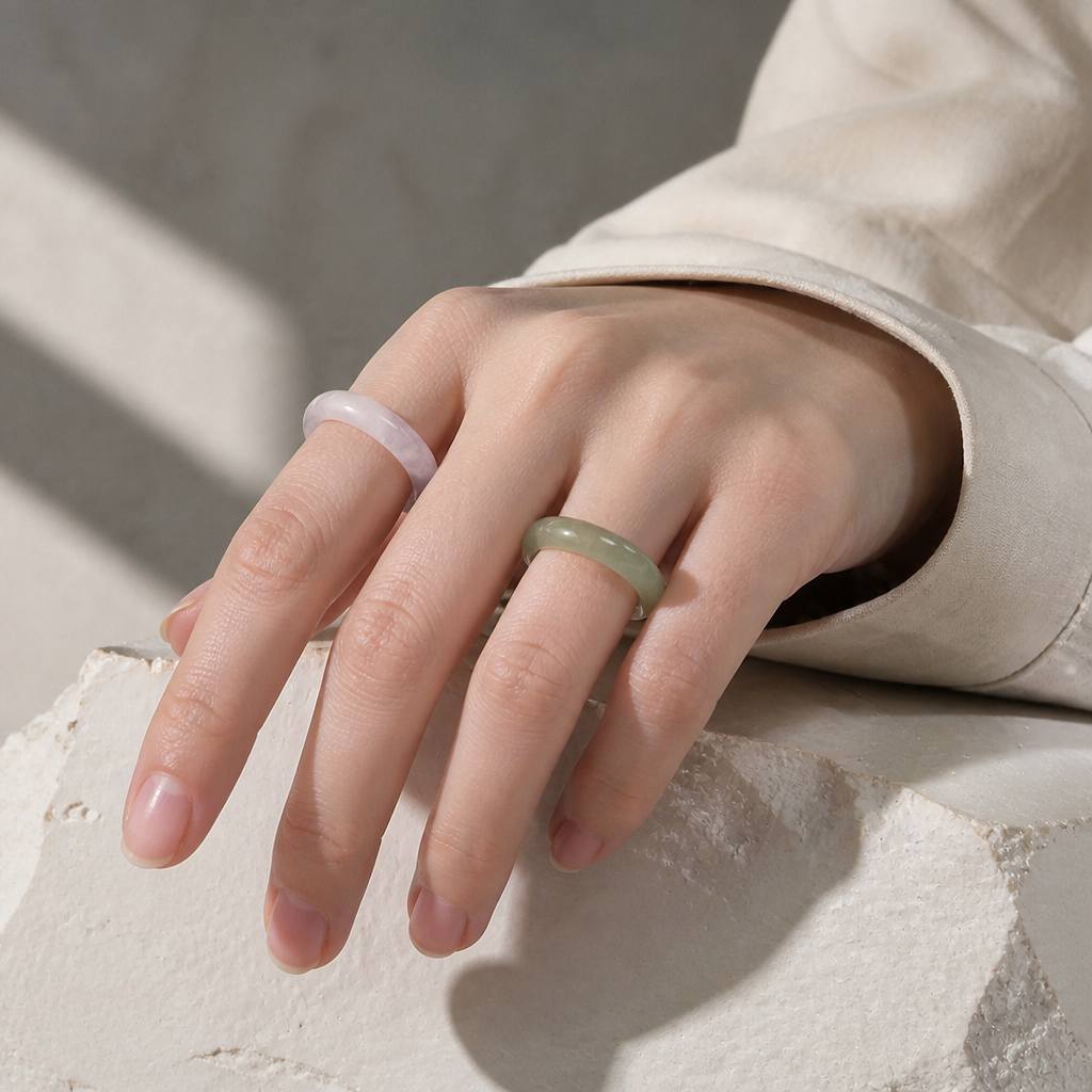 2pcs Solid Pink Quartz & Green Agate Stackable Ring Set for Her