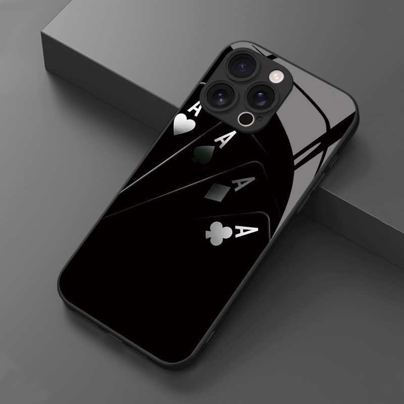 TEMU Phone Case: 1 Black Background With Of Spades Playing Card Pattern Tempered Glass Phone Case For Iphone