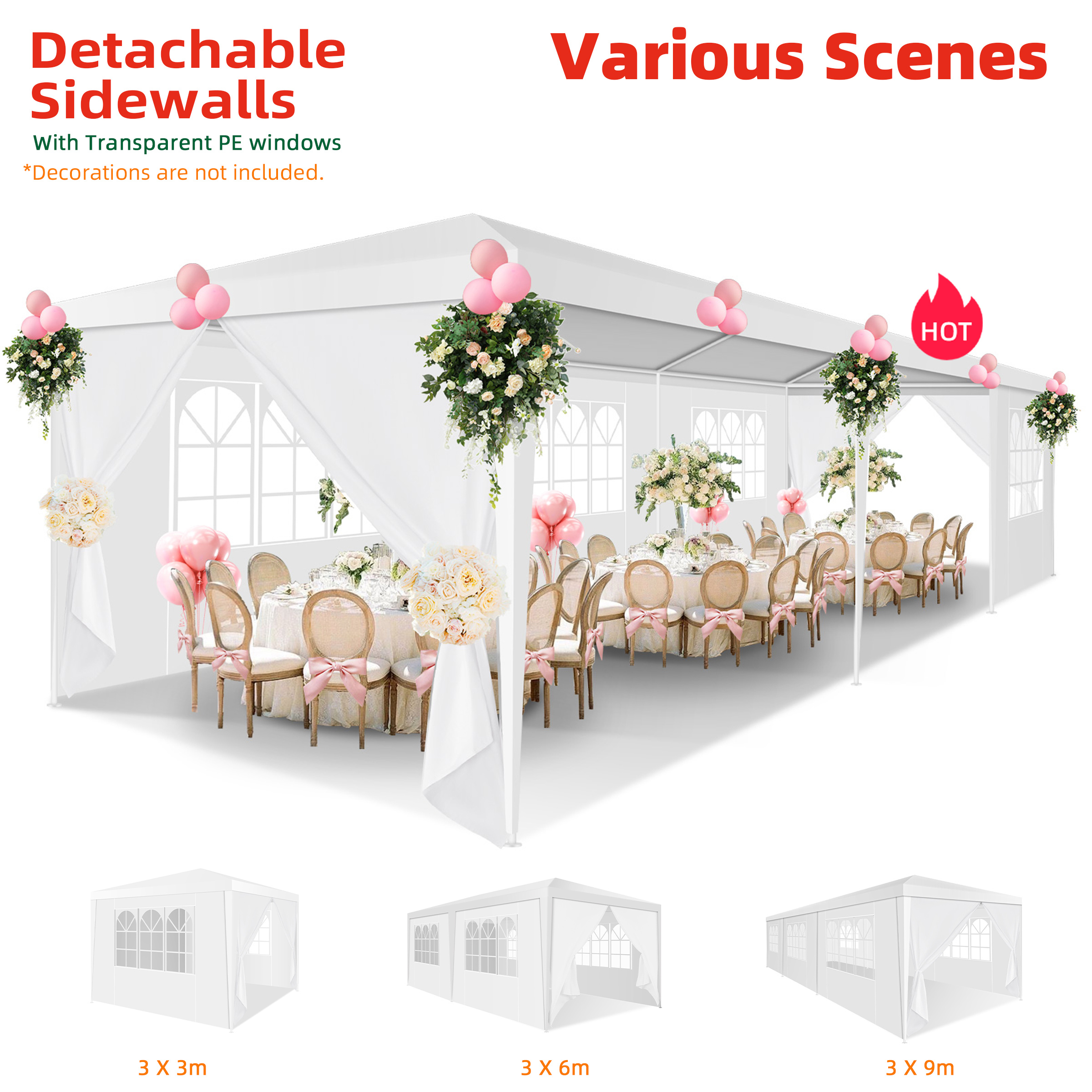 

HOTEEL Gazebo de jardin avec fenêtres et murs latéraux amovibles pour jardin, fête de Noël, mariage, activités commerciales, avec clous et cordes