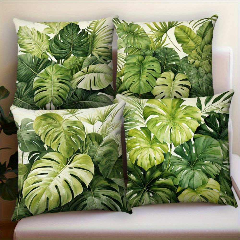 TEMU 4pcs Tropical Monstera Plant Print Pillowcases, Style Home Decor Pillow Covers, Gift For Family, , , Zipper Closure Cushion Covers, Available In
