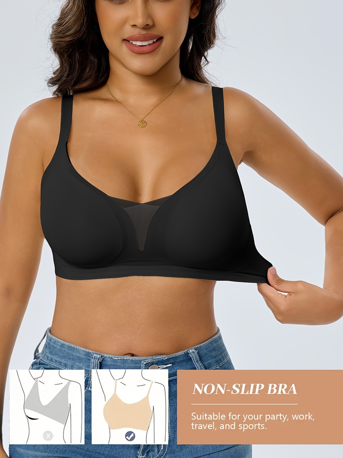4pcs Women's Seamless Full Coverage V-Neck Bra Set, Comfortable