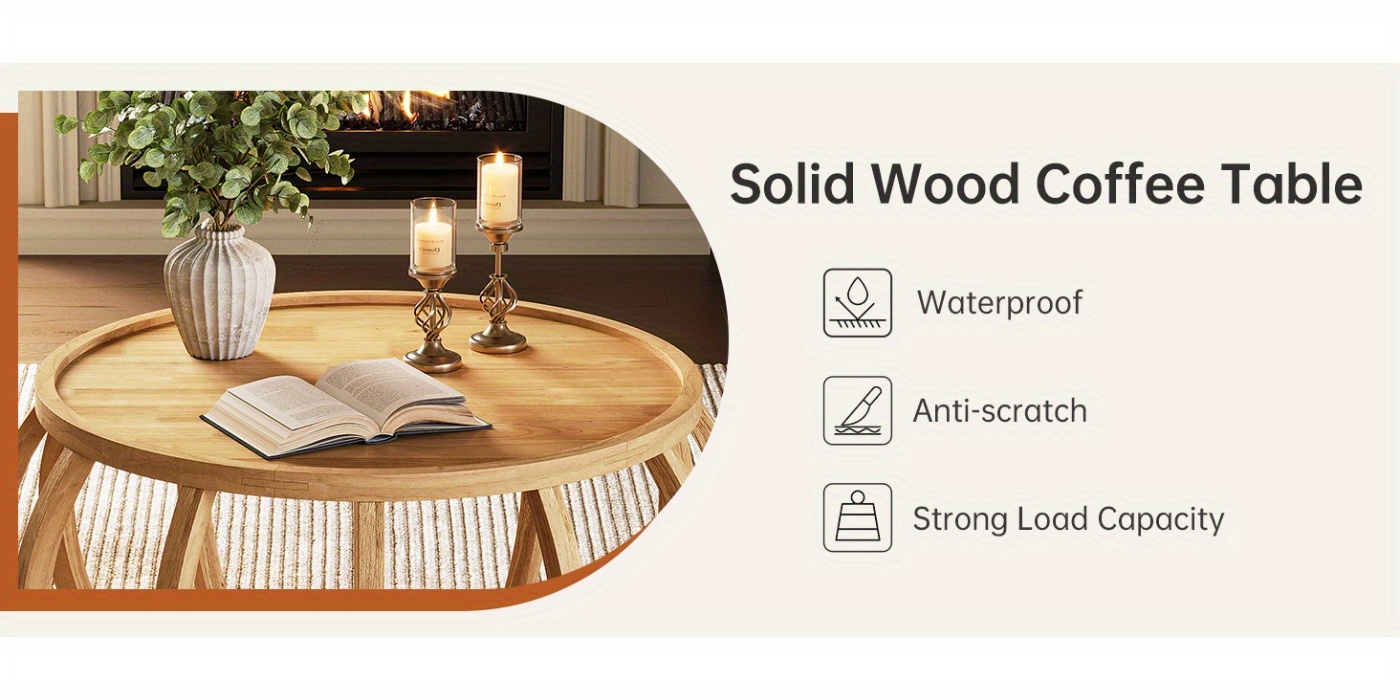 Solid Wood Coffee Table, 31.5-Inch Round Center Table with Curved Frame Base for Living Room, Easy Assembly, Natural